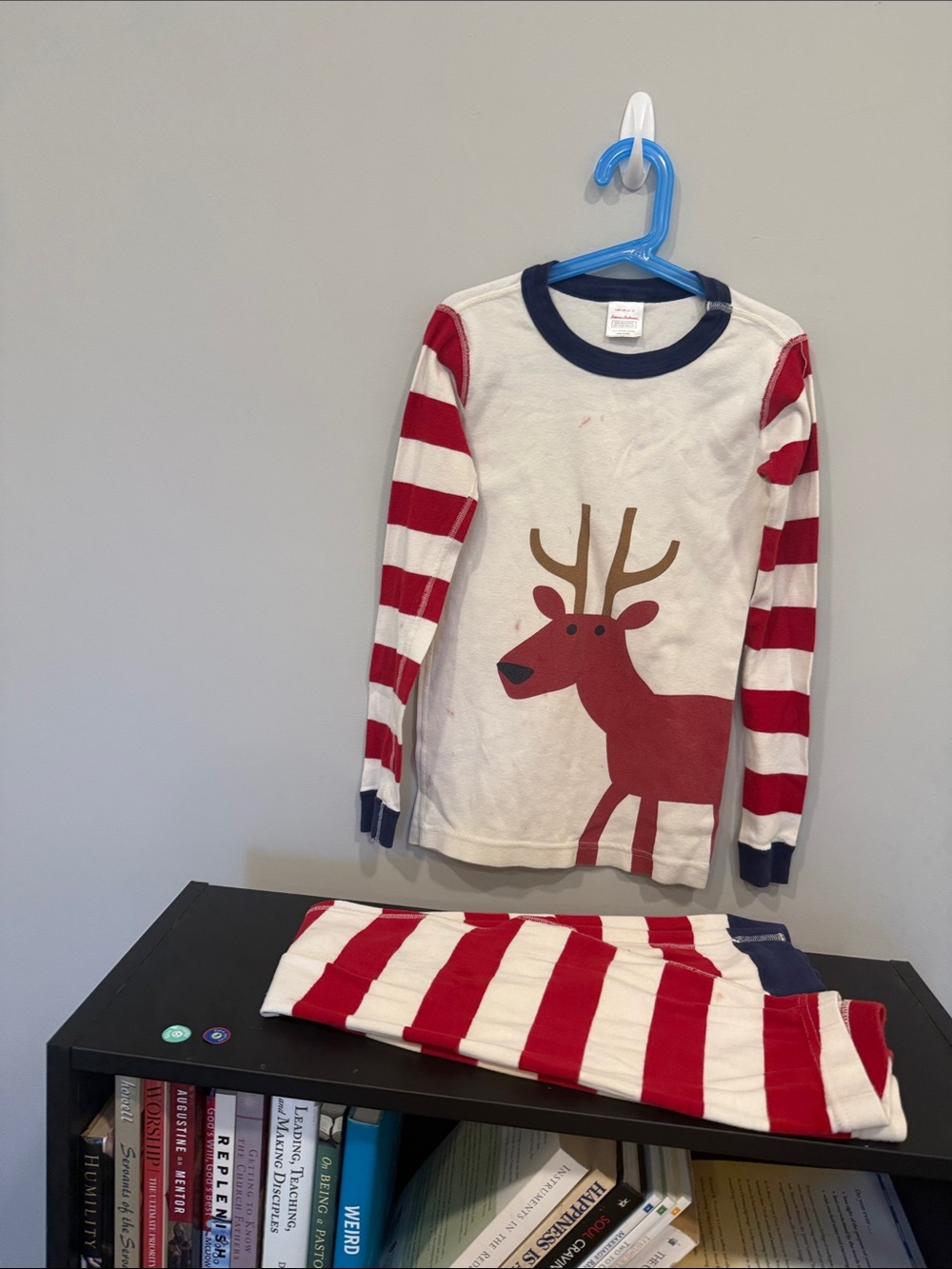 Hanna Andersson Cream Top with Red Striped Sleeves and Reindeer Pajama Set